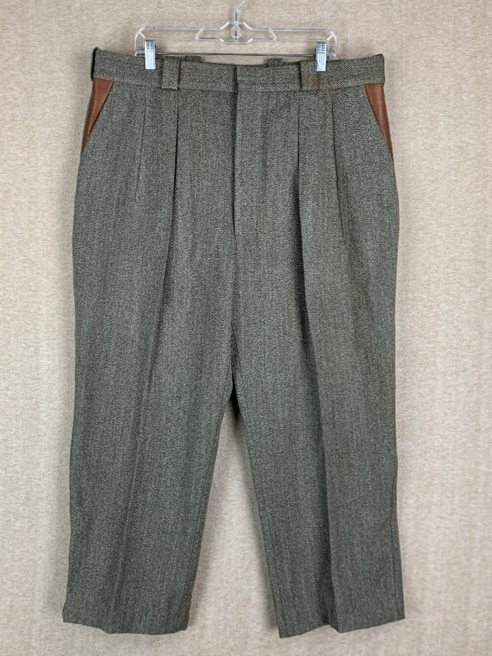 WILLIS & GEIGER Wool Pants 40x 26 Brown Heavy Wool Trouser Leather Pocket Pleate